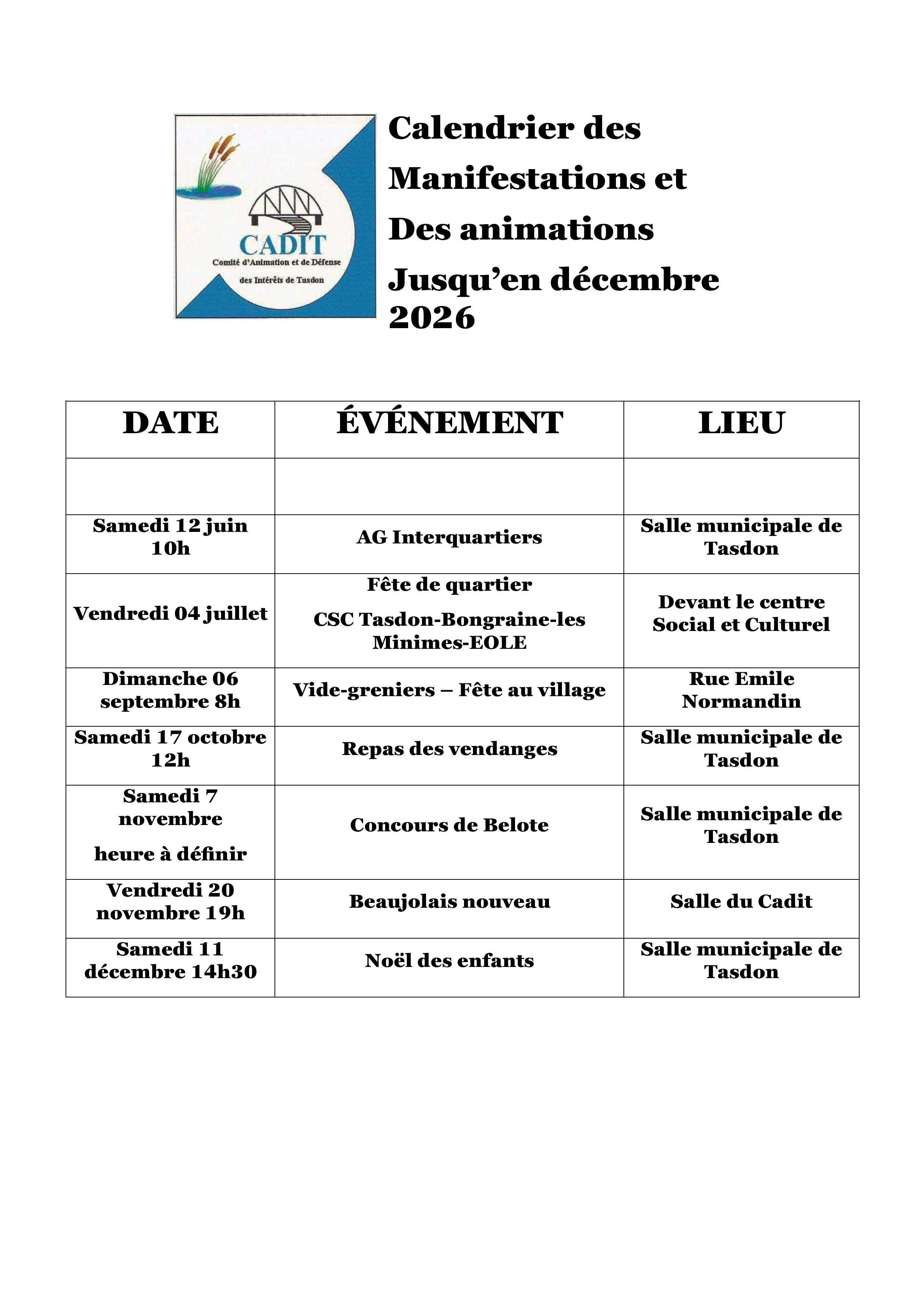 Calendrier des événements 2026